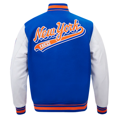 New York Knicks Script Tail Varsity Royal Blue Wool & White Genuine Leather Sleeves Men's Letterman Jacket