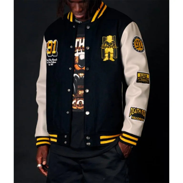 Death Row Records Collegiate Black Wool & White Genuine Leather Sleeves Men's Letterman Varsity Jacket