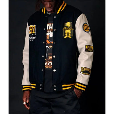 Death Row Records Collegiate Black Wool & White Genuine Leather Sleeves Men's Letterman Varsity Jacket