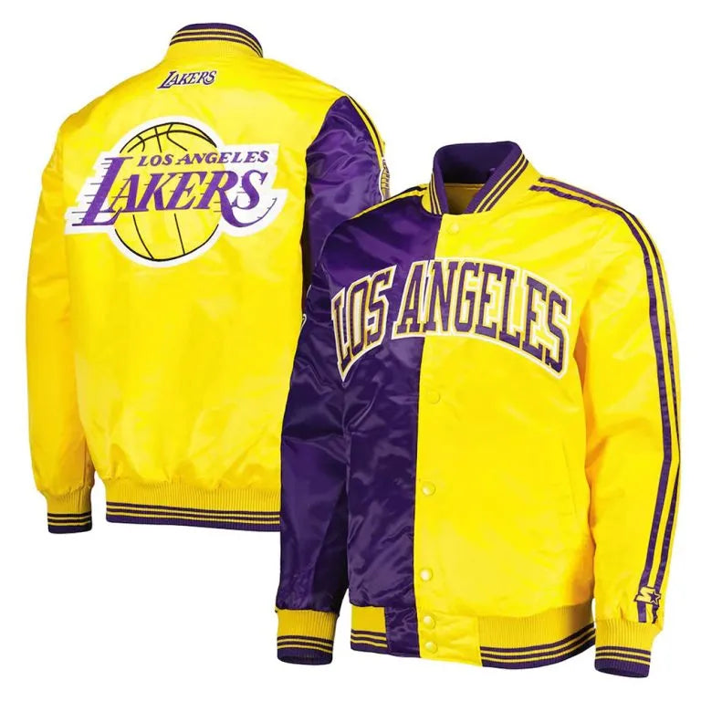 Los Angeles Lakers Fast Break Full-Snap Varsity Purple/Gold Satin Men's Bomber Jacket