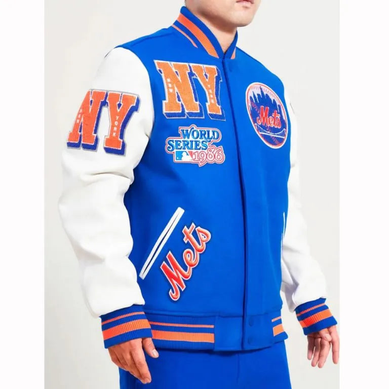 New York Mets Mash Up Full-Zip Varsity Blue/White Wool/Leather Men's Jacket