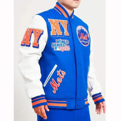 New York Mets Mash Up Full-Zip Varsity Blue/White Wool/Leather Men's Jacket