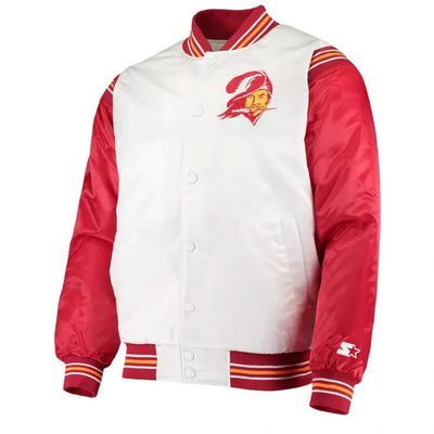 Tampa Bay Buccaneers Historic Renegade Full-Snap Varsity White/Red Satin Men's Bomber Jacket