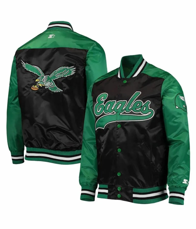 Philadelphia Eagles The Tradition II Team Full-Snap Varsity Green and Black Satin Men's Bomber Jacket