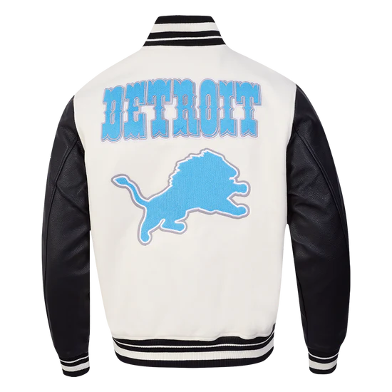 Detroit Lions Off White Wool & Black Genuine Leather Sleeves Men's Varsity Jacket