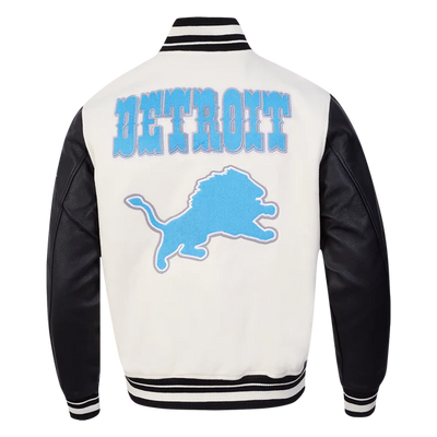 Detroit Lions Off White Wool & Black Genuine Leather Sleeves Men's Varsity Jacket