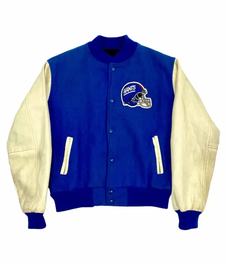 New York Giants Royal Blue Wool & White Genuine Leather Sleeves Men's Varsity Letterman Jacket