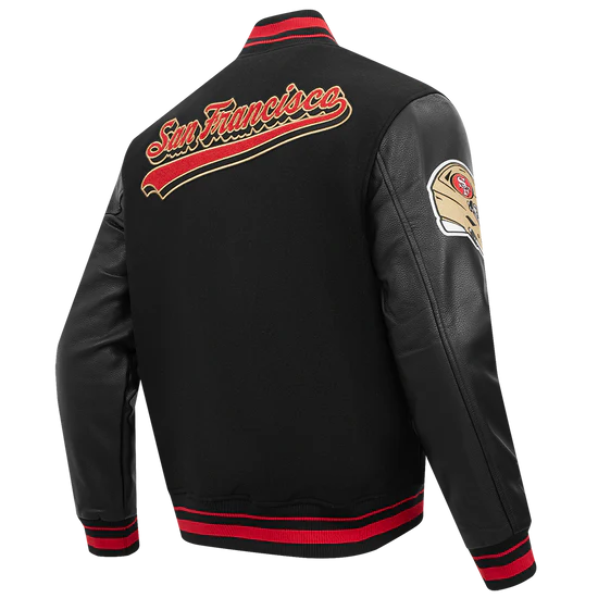 San Francisco 49ers Script Tail Classic Rib Black Wool & Genuine Leather Sleeves Men's Varsity Letterman Jacket