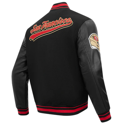 San Francisco 49ers Script Tail Classic Rib Black Wool & Genuine Leather Sleeves Men's Varsity Letterman Jacket