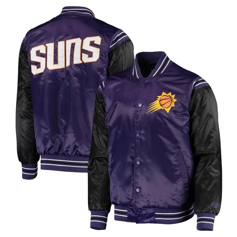 Phoenix Suns The Enforcer Full-Snap Varsity Black and Purple Satin Men's Bomber Jacket