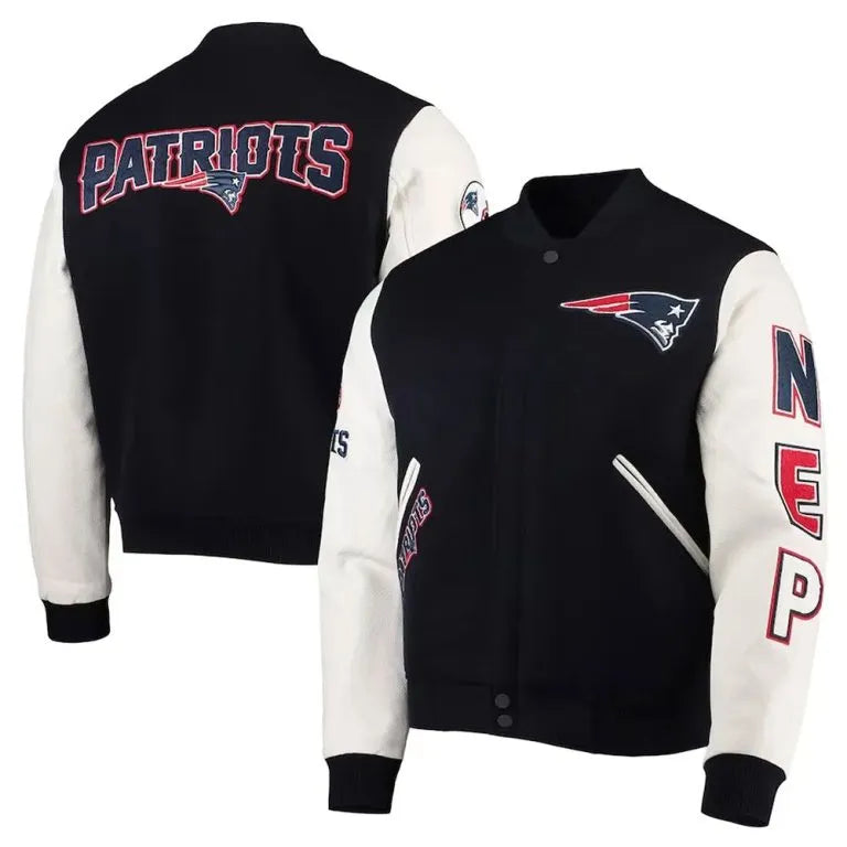 New England Patriots Logo Black Wool and White Genuine Leather Sleeves Men's Varsity Letterman Jacket