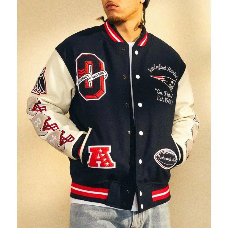 OVO New England Patriots Navy Blue Wool & White Genuine Leather Sleeves Men's Varsity Letterman Jacket