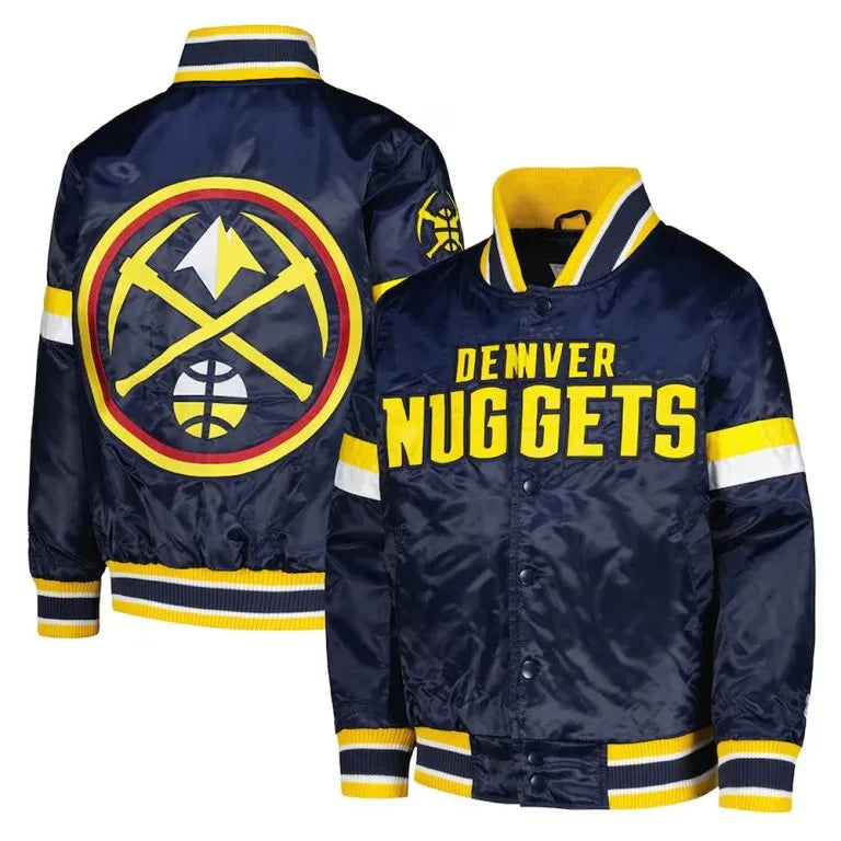 Denver Nuggets Youth Home Game Full-Snap Varsity Navy Blue Satin Men's Bomber Jacket