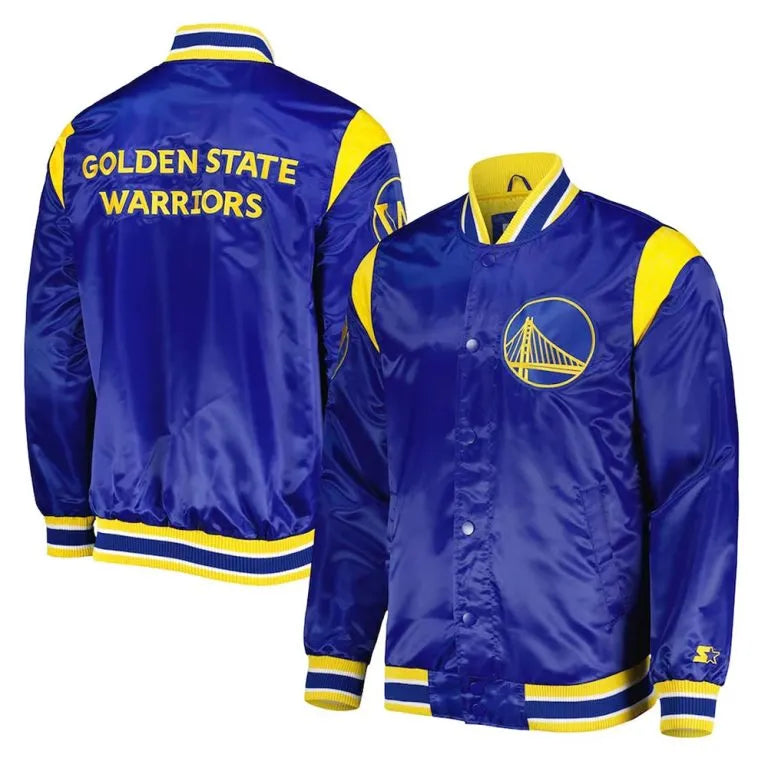 Golden State Warriors Force Play Full-Snap Varsity Royal Blue Satin Men's Bomber Jacket