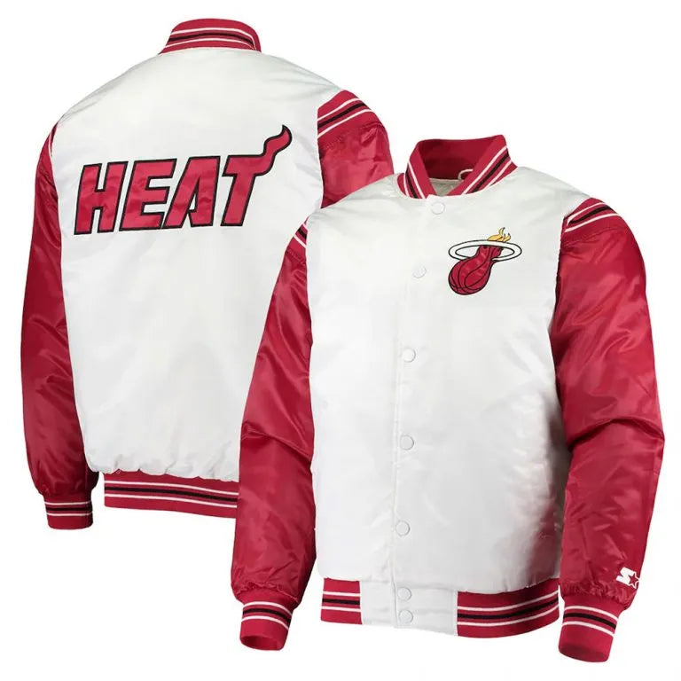 Miami Heat Renegade Full-Snap Varsity White/Red Satin Men's Bomber Jacket