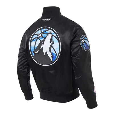 Minnesota Timberwolves 2024/25 City Edition Full-Snap Varsity Black Satin Men's Bomber Jacket