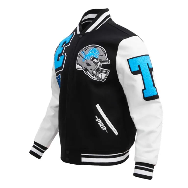 Detroit Lions Mashup Rib Black Wool & White Genuine Leather Sleeves Men's Varsity Jacket