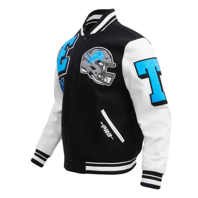 Detroit Lions Mashup Rib Black Wool & White Genuine Leather Sleeves Men's Varsity Jacket