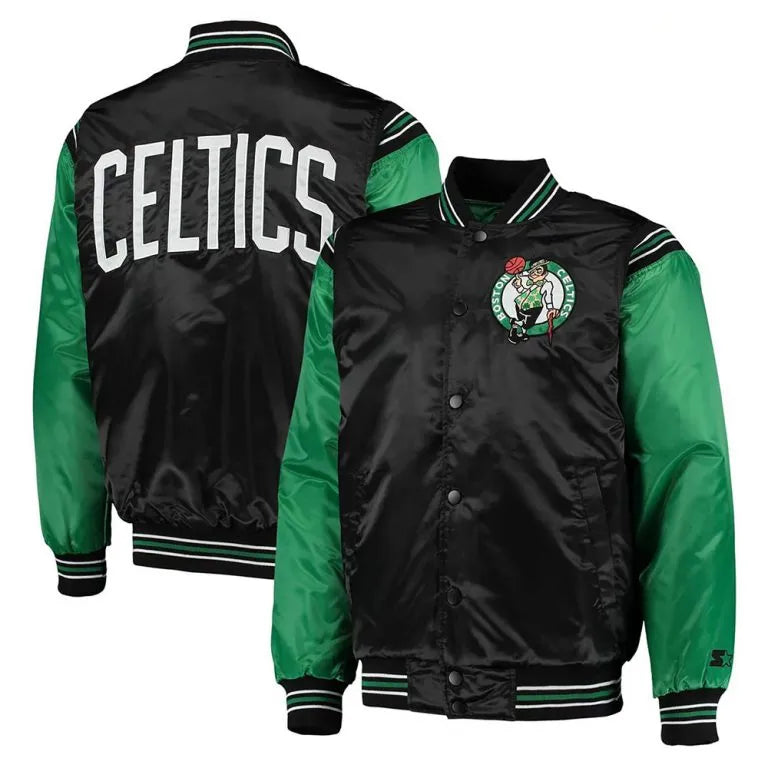 Boston Celtics The Enforcer Full-Snap Varsity Black/Kelly Green Satin Men's Bomber Jacket