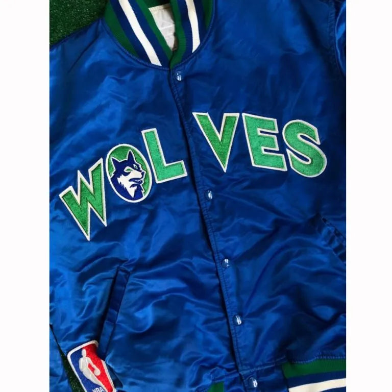 90’s Minnesota Timberwolves Full-Snap Varsity Blue Satin Men's Bomber Jacket