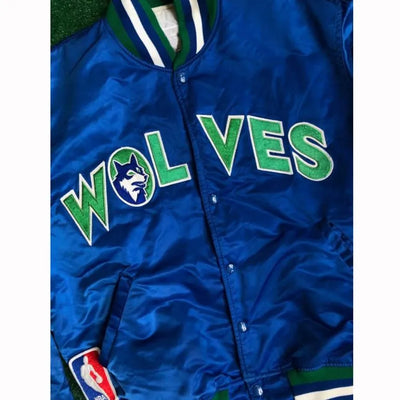 90’s Minnesota Timberwolves Full-Snap Varsity Blue Satin Men's Bomber Jacket