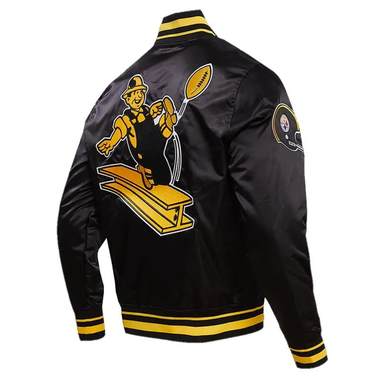 Pittsburgh Steelers Retro Classic Rib Full-Snap Varsity Black Satin Men's Bomber Jacket