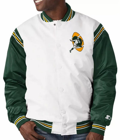 Green Bay Packers Historic Renegade Full-Snap Varsity White and Green Satin Men's Bomber Jacket