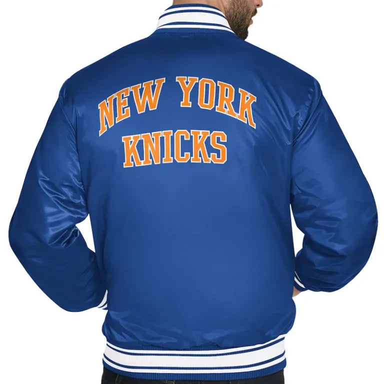 New York Knicks Team Name Full-Snap Varsity Blue Satin Men's Bomber Jacket