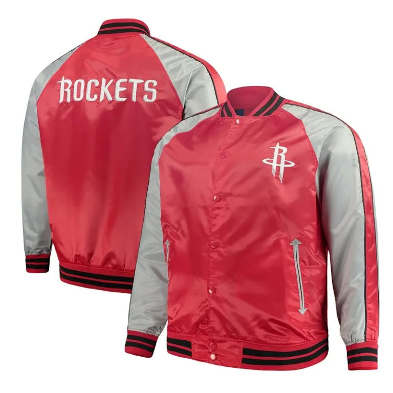 Houston Rockets Full-Snap Varsity Red/Gray Satin Men's Bomber Jacket