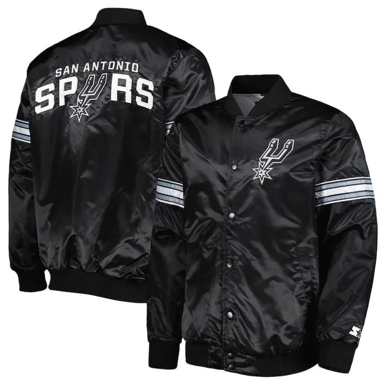 San Antonio Spurs Pick & Roll Full-Snap Varsity Black Satin Men's Bomber Jacket