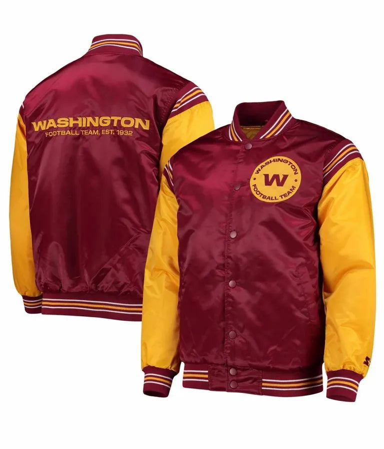 Washington Commanders Enforcer Full-Snap Varsity Burgundy/Gold Satin Men's Bomber Jacket