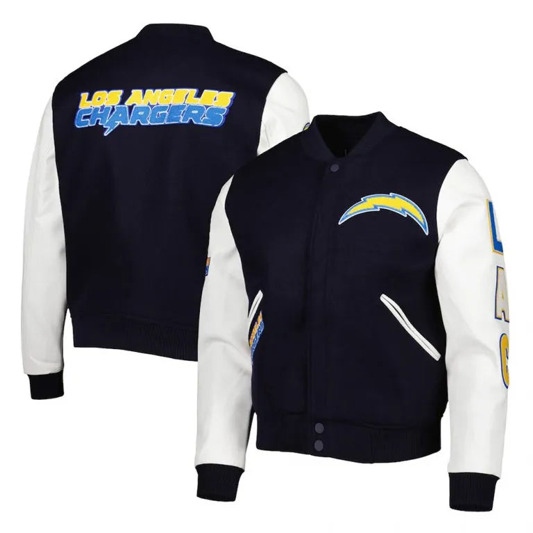 Los Angeles Chargers Logo Navy Blue Wool and White Genuine Leather Sleeves Men's Varsity Letterman Jacket