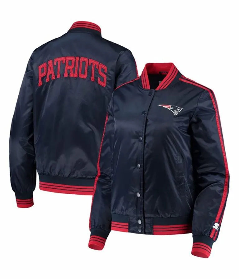 New England Patriots Overtime Full-Snap Varsity Navy Blue Satin Men's Bomber Jacket