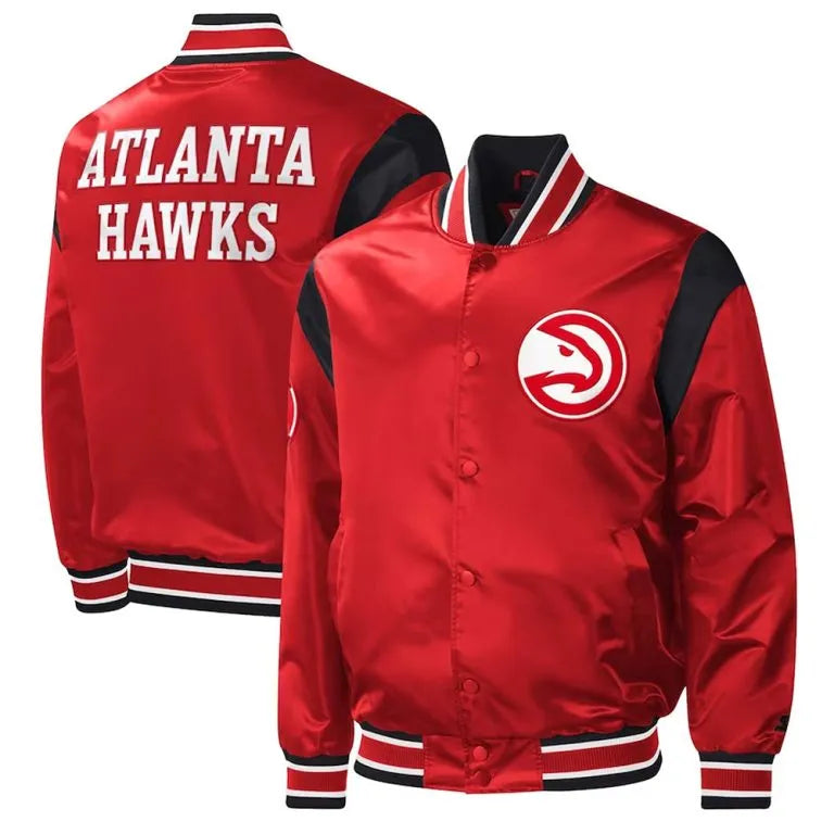 Atlanta Hawks Force Play Full-Snap Varsity Red Satin Men's Bomber Jacket