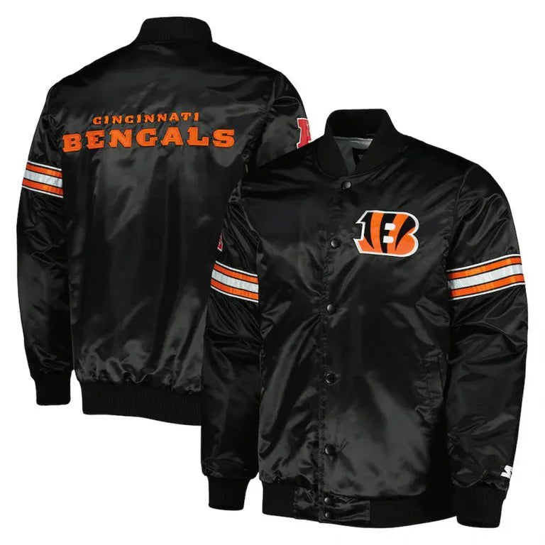 Cincinnati Bengals Pick and Roll Full-Snap Varsity Black Satin Men's Bomber Jacket