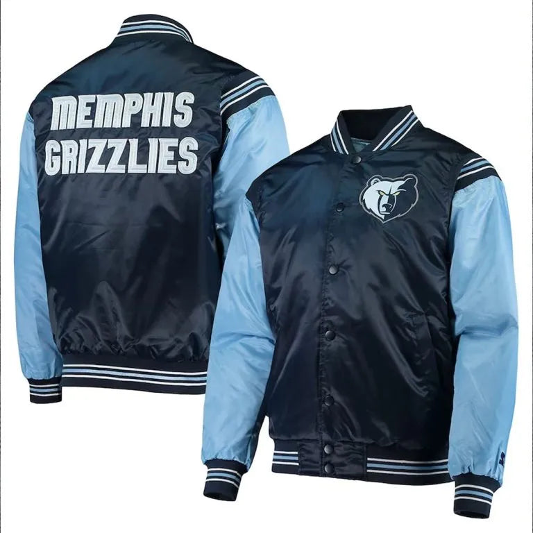Memphis Grizzlies The Enforcer Full-Snap Varsity Navy/Light Blue Satin Men's Bomber Jacket