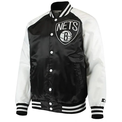 Brooklyn Nets Point Guard Full-Snap Varsity Black/White Satin Men's Bomber Jacket