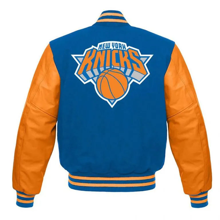 New York Knicks Varsity Blue Wool & Orange Genuine Leather Sleeves Men's Letterman Jacket