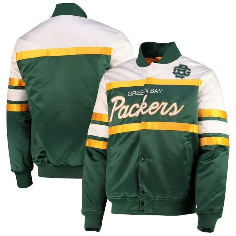 Green Bay Packers Special Script Heavyweight Full-Snap Varsity White & Green Satin Men's Bomber Jacket