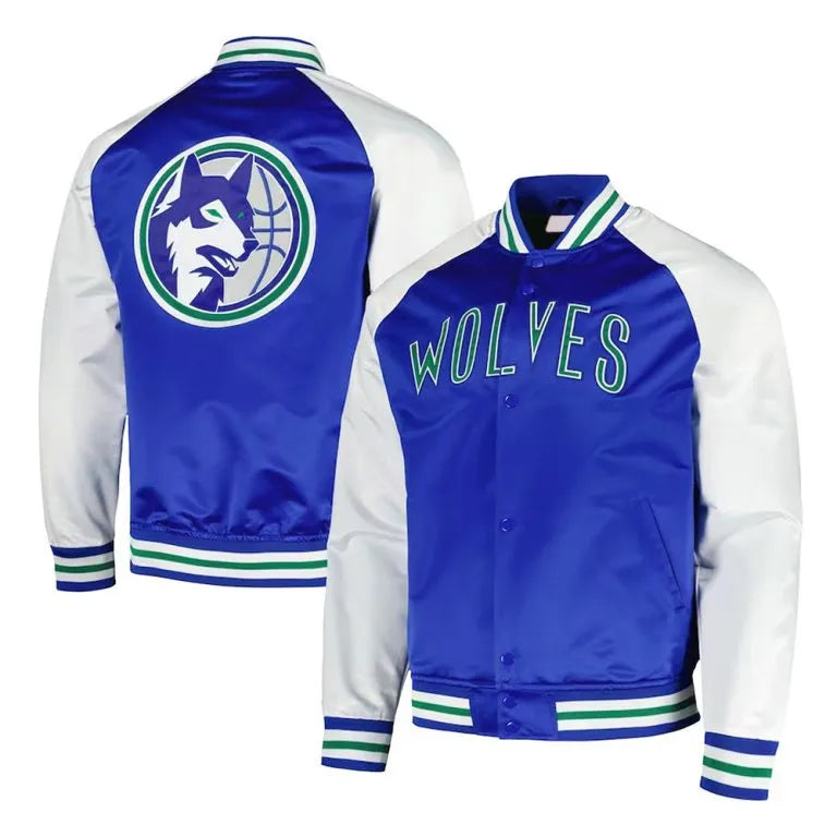 Minnesota Timberwolves Double Clutch Full-Snap Varsity Blue & White Satin Men's Bomber Jacket