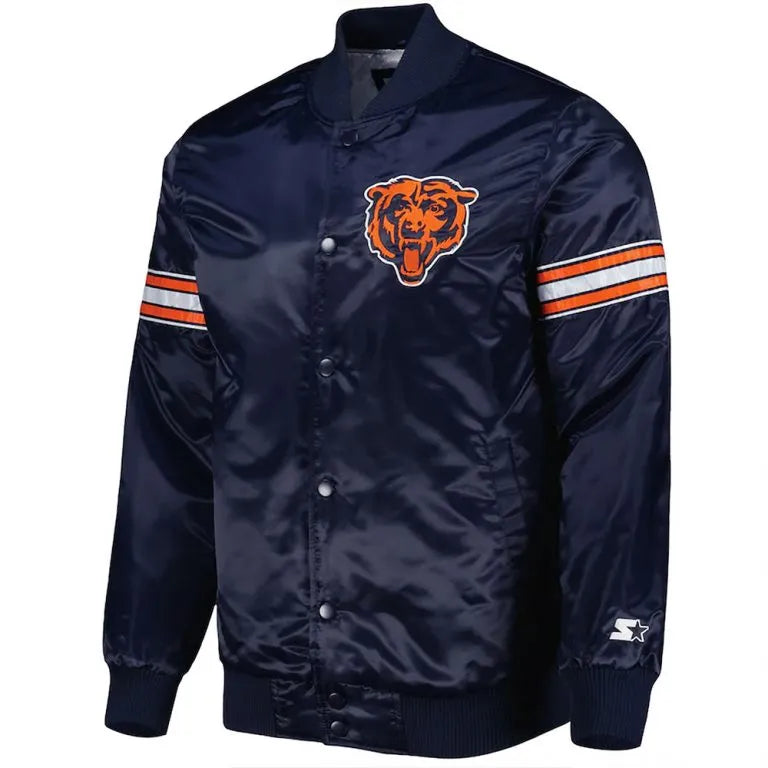 Chicago Bears The Pick and Roll Full-Snap Varsity Blue Satin Men's Bomber Jacket