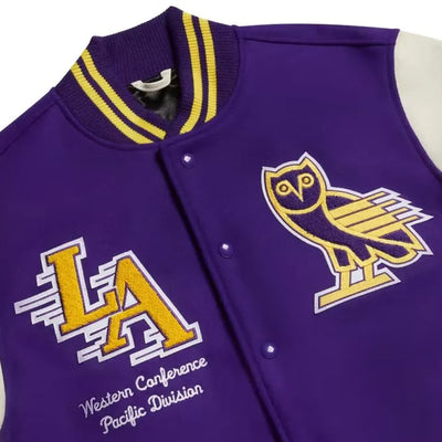 OVO Los Angeles Lakers Varsity Purple Wool & White Genuine Leather Sleeves Men's Letterman Jacket