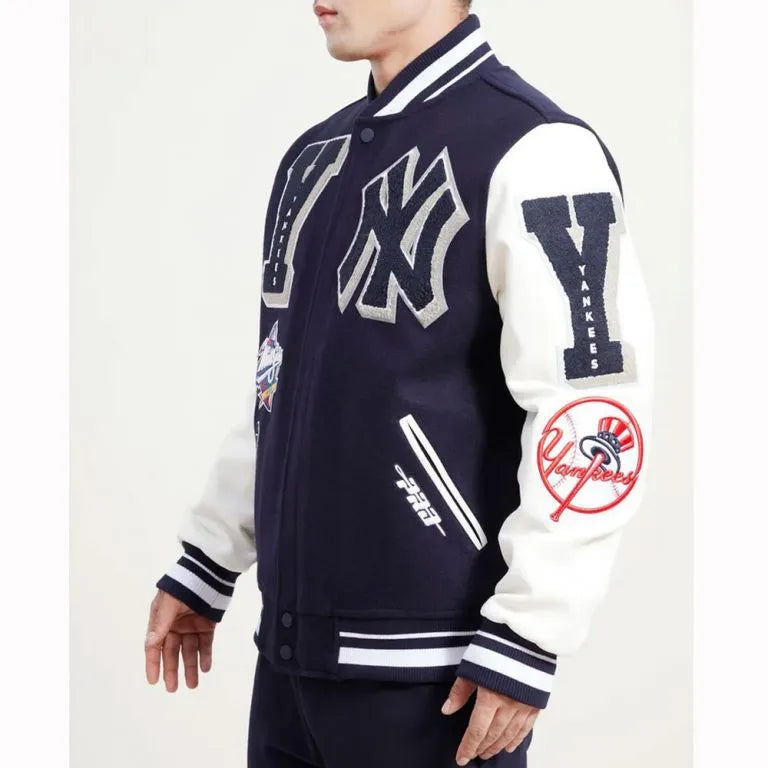 New York Yankees Mash Up Blue Wool & White Leather Sleeves Full-Zip Varsity Men's Jacket
