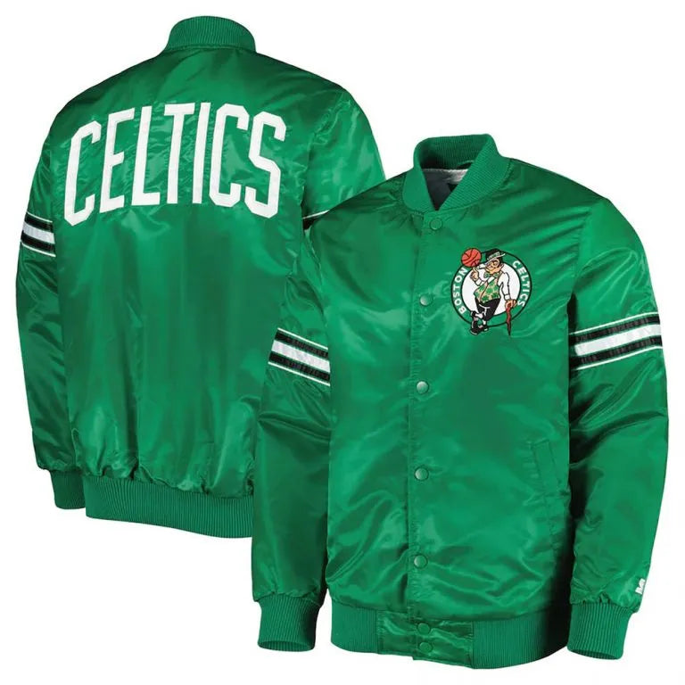 Boston Celtics Pick & Roll Full-Snap Varsity Green Satin Men's Bomber Jacket