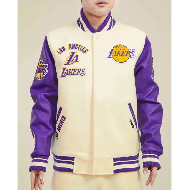 Los Angeles Lakers  Retro Classic Rib Varsity Off White Wool & Purple Genuine Leather Sleeves Men's Letterman Jacket