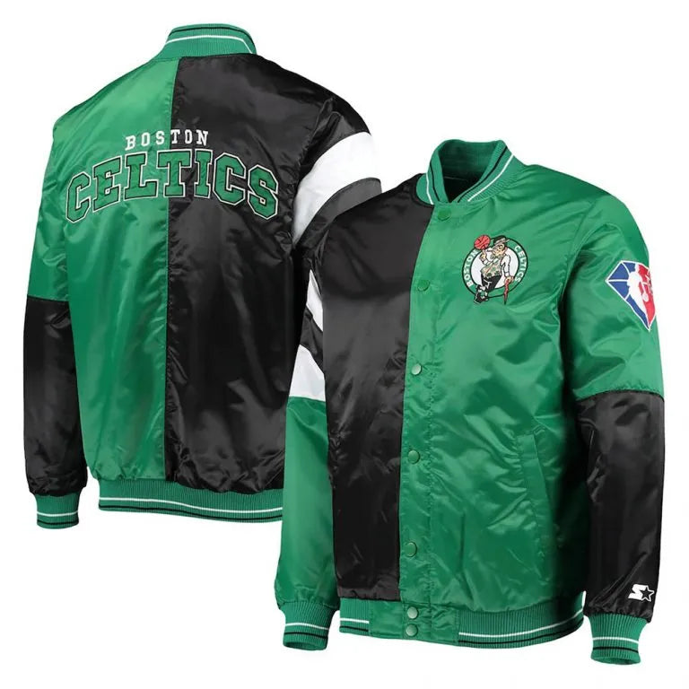 Boston Celtics Leader Full-Snap Varsity Kelly Green/Black Color Block Satin Men's Bomber Jacket