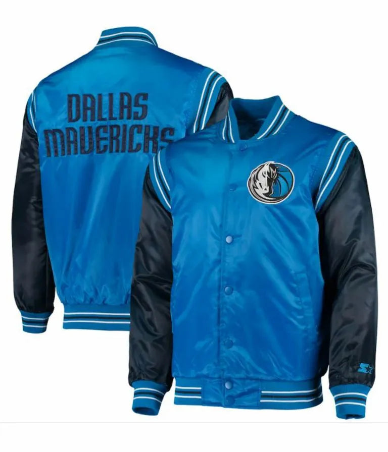 Dallas Mavericks The Enforcer Full-Snap Varsity Blue Satin Men's Bomber Jacket