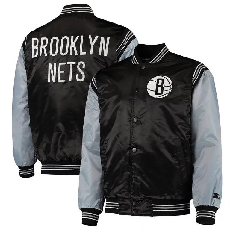 Brooklyn Nets The Enforcer Full-Snap Varsity Black/Gray Satin Men's Bomber Jacket