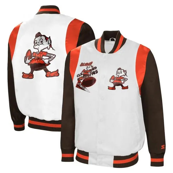 Cleveland Browns The All-American Retro Full-Snap Varsity White/Brown Satin Men's Bomber Jacket