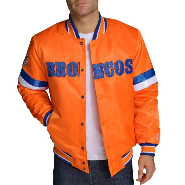 Denver Broncos Home Game Full-Snap Varsity Orange Satin Men's Bomber Jacket